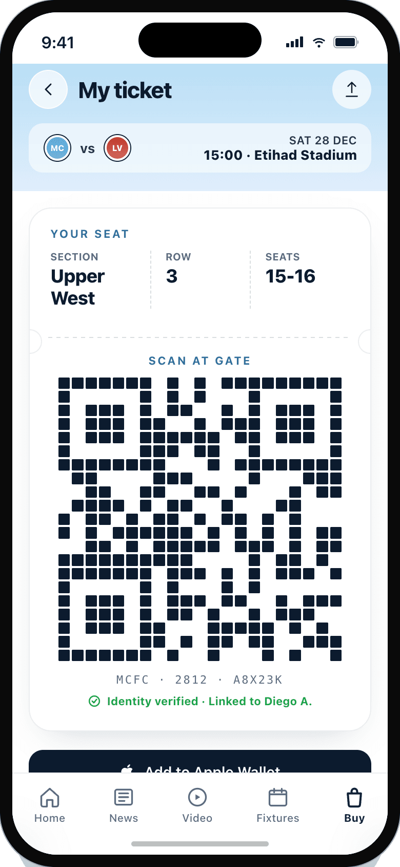 Manchester City app — Digital ticket