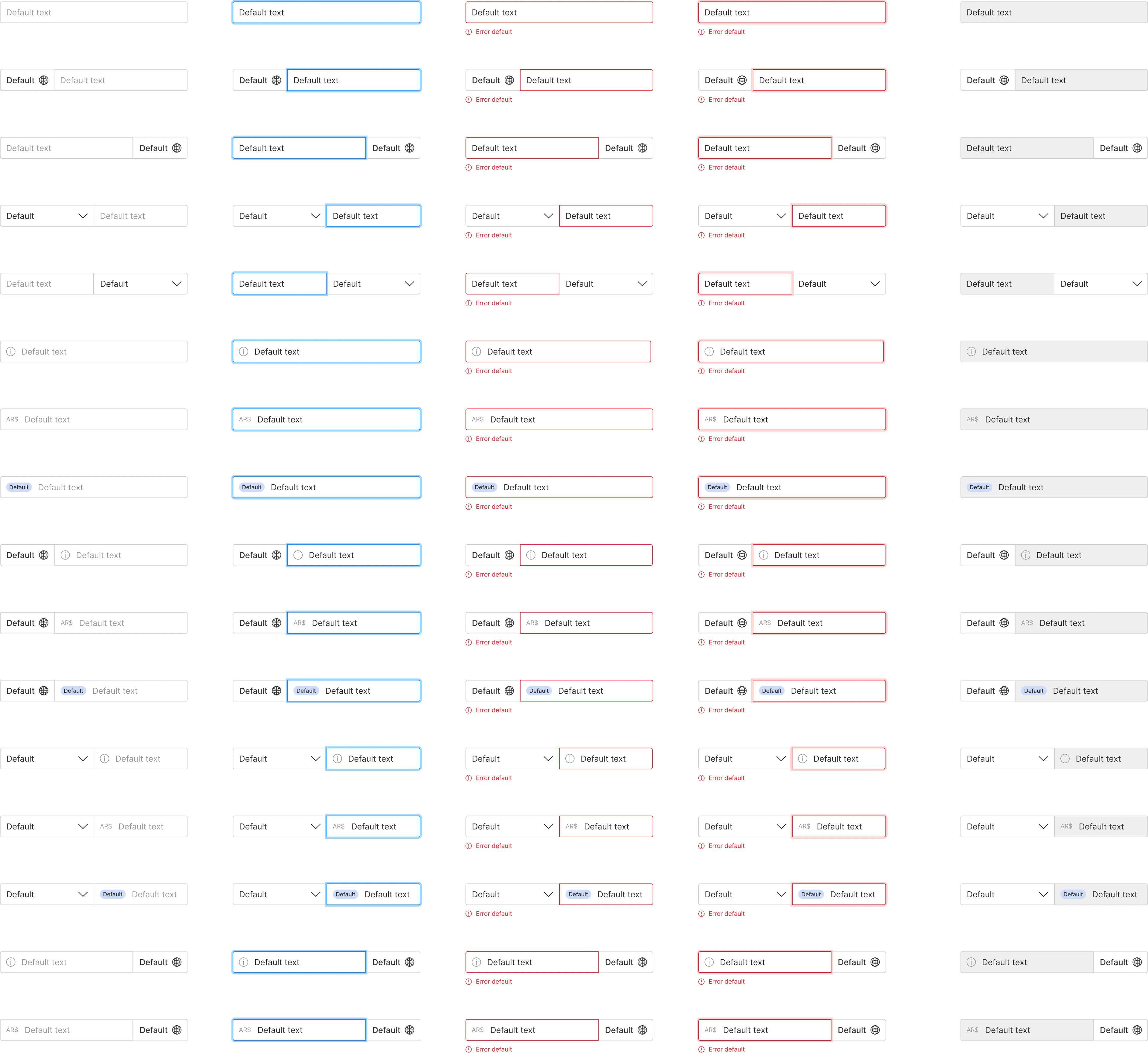 Input component matrix from PPI design system showing 200+ variants across states and types